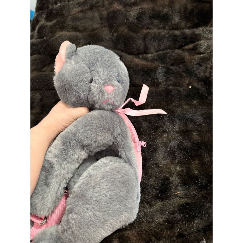 Vintage 1980s HUG-A-PET Dover BackPack Plush Rare Kitty Cat Gray & Pink Handbag